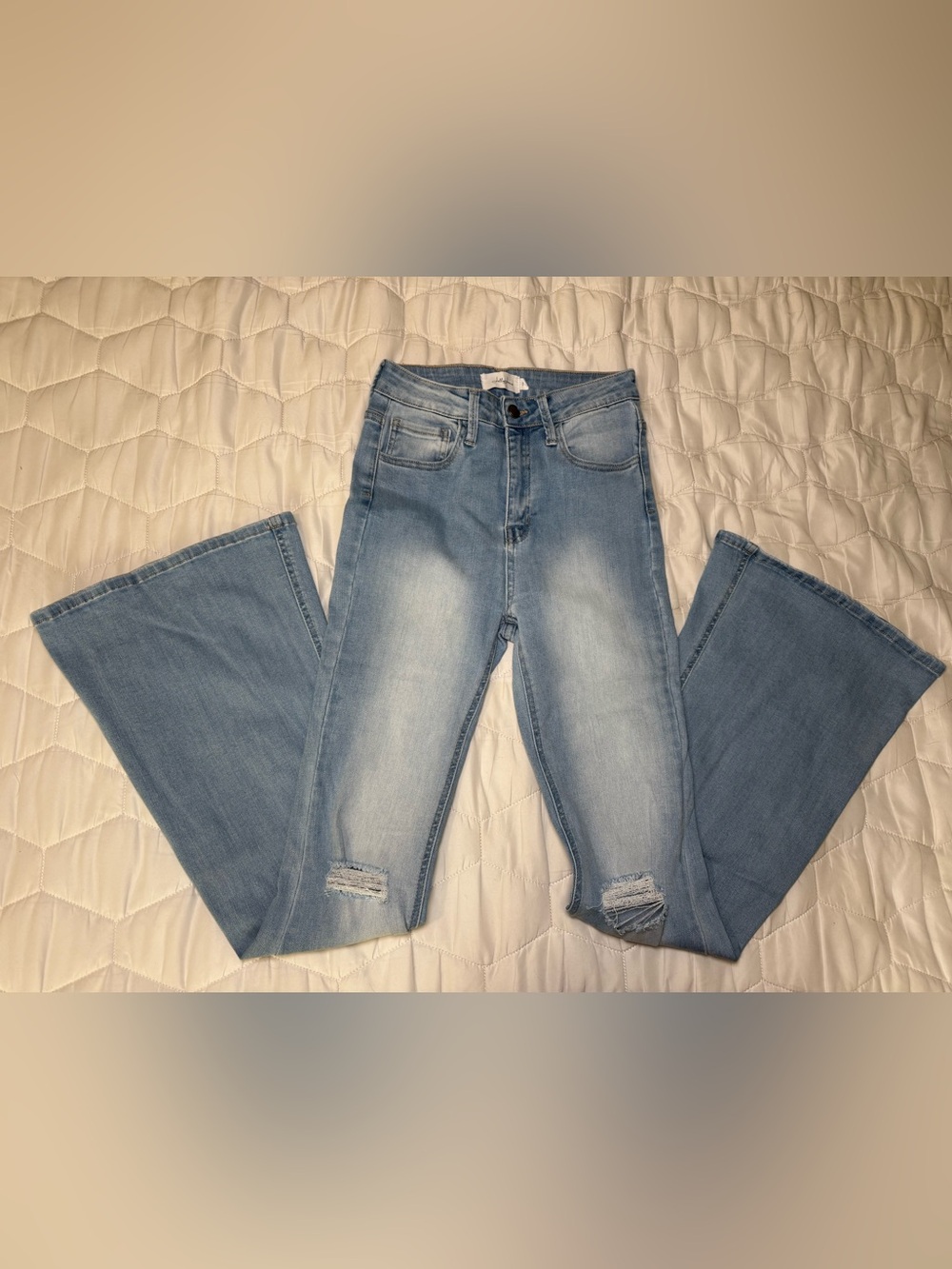 Jelly Jeans Light Blue Flare Denim Jeans with Knee Rips, Women’s Size 1